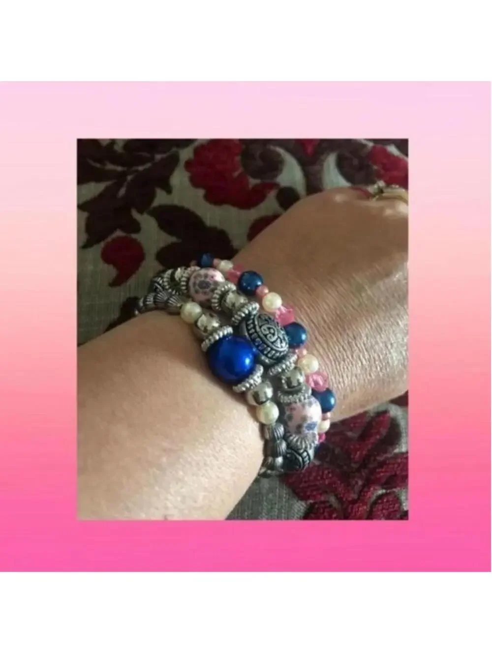 Set of 3 Beaded Stretch Bracelets with Blue, Pink, and Pearl